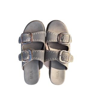 MIA Women Taupe Whipstitch Double Buckle Raffia Platform Slide Sandals Size 7.5